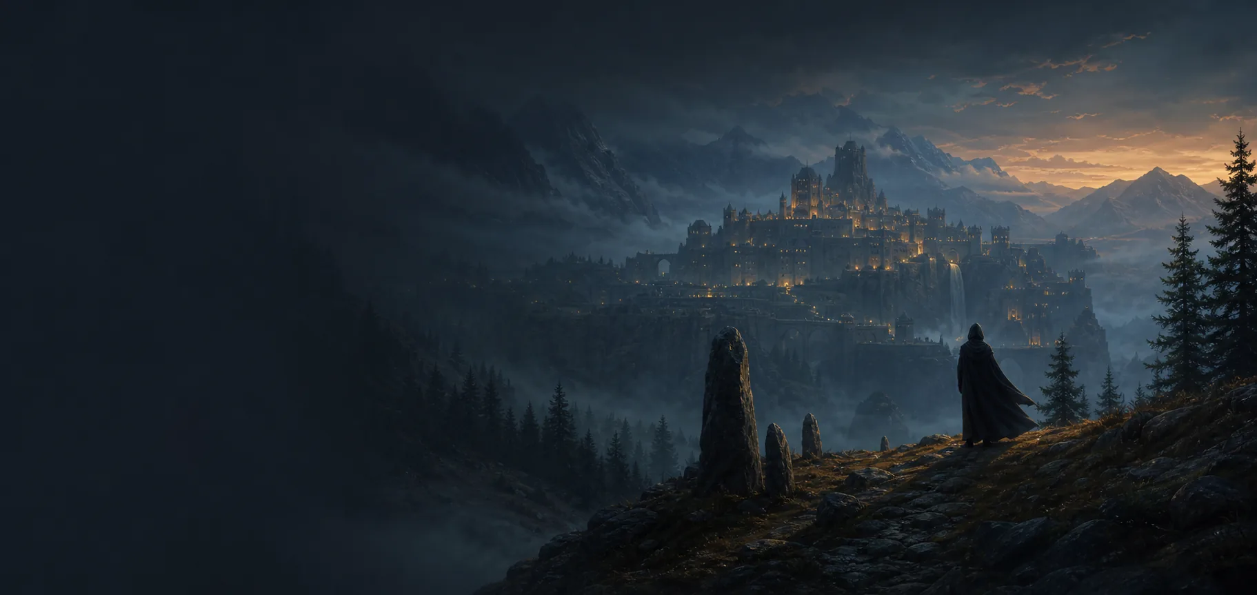 A lone exile overlooks the lantern-lit stronghold of Firstlight.